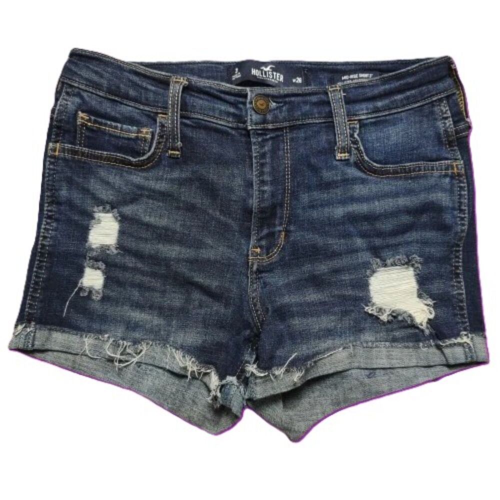 Hollister Mid-Rise Short 3" Denim Shorts Women’s W26 Dark Wash Distressed